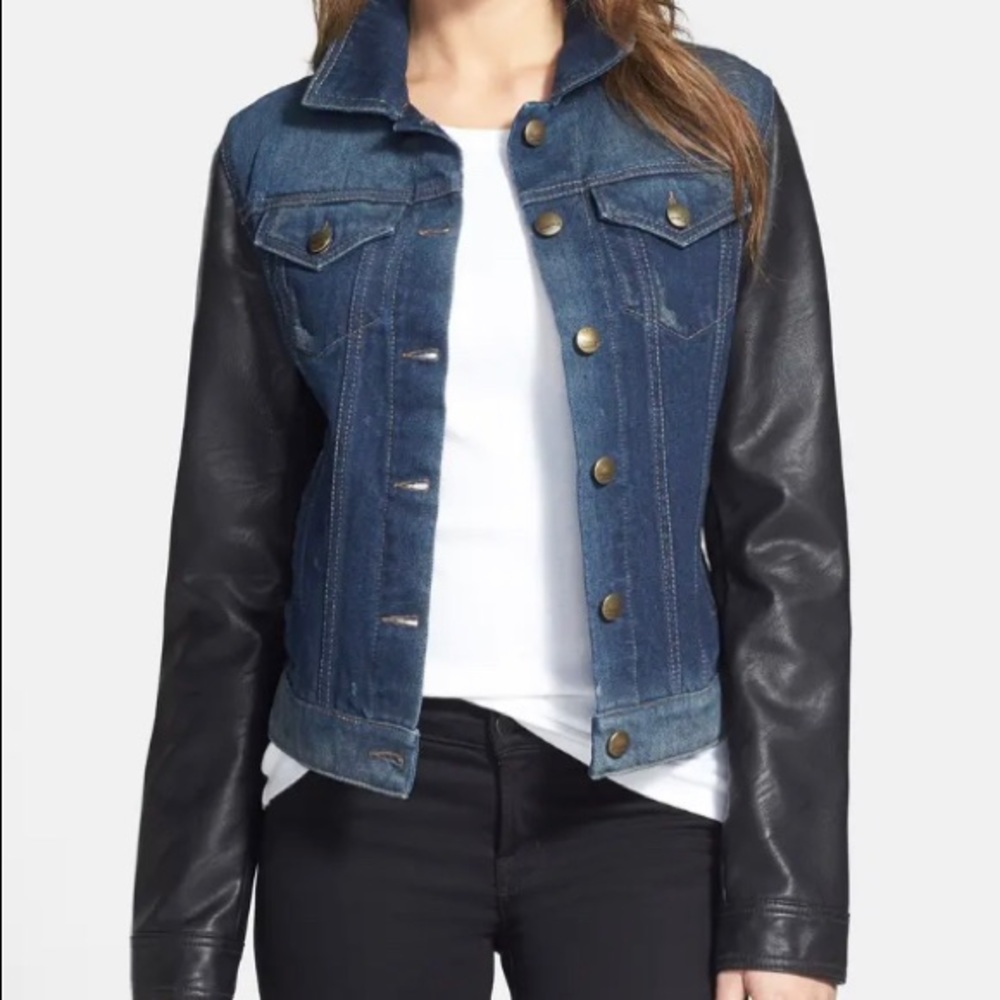 Faux Leather Sleeve Denim Jacket